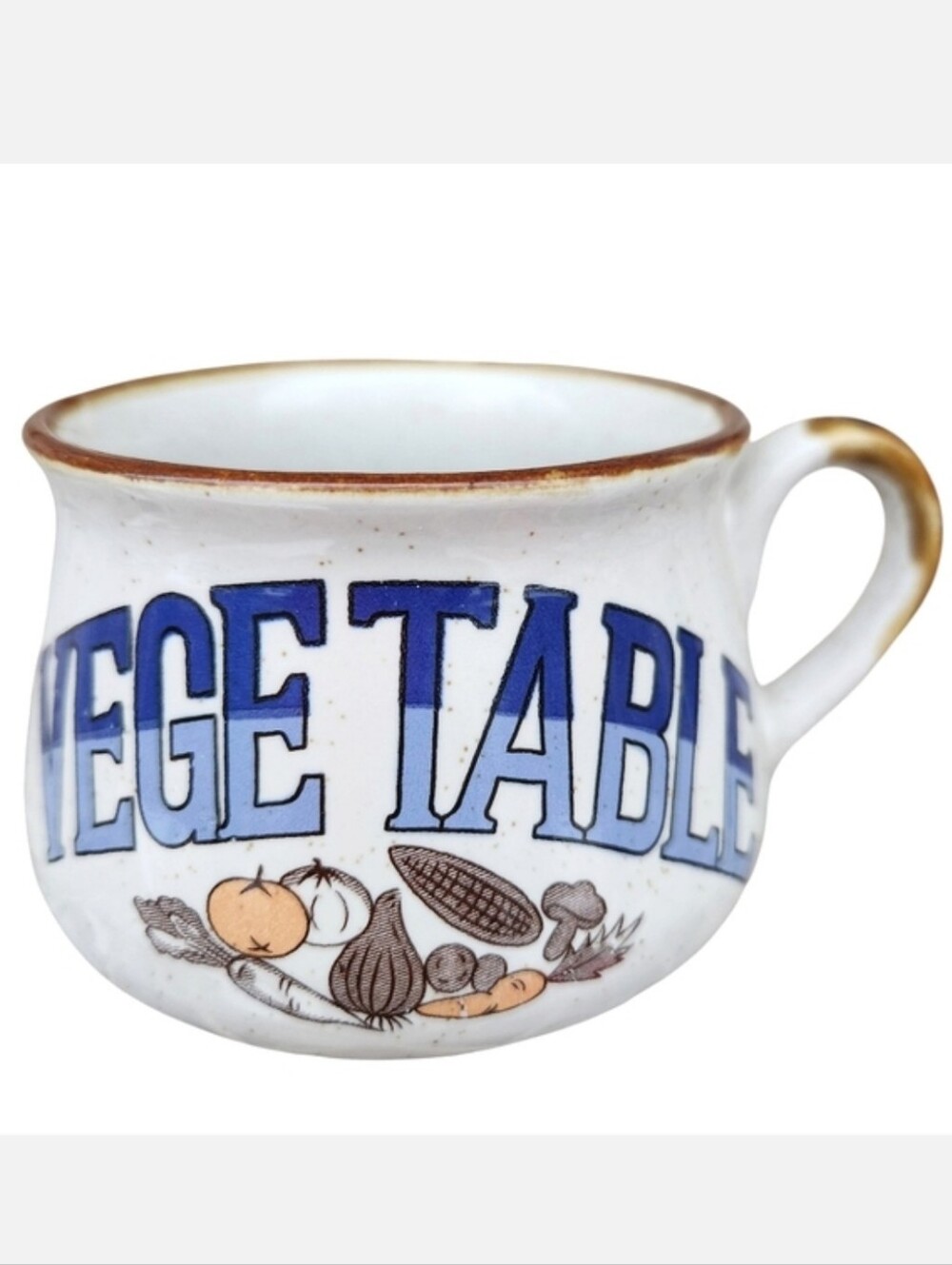 Vintage 1970s Stoneware Vegetable Soup Bowl with Blue Lettering
